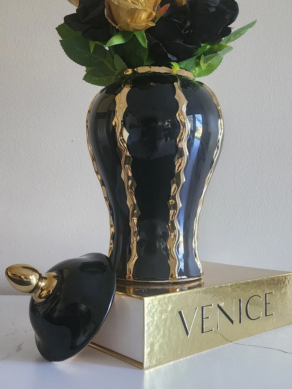Black and Gold Decorative Ginger Jar - Elegant Home Accent